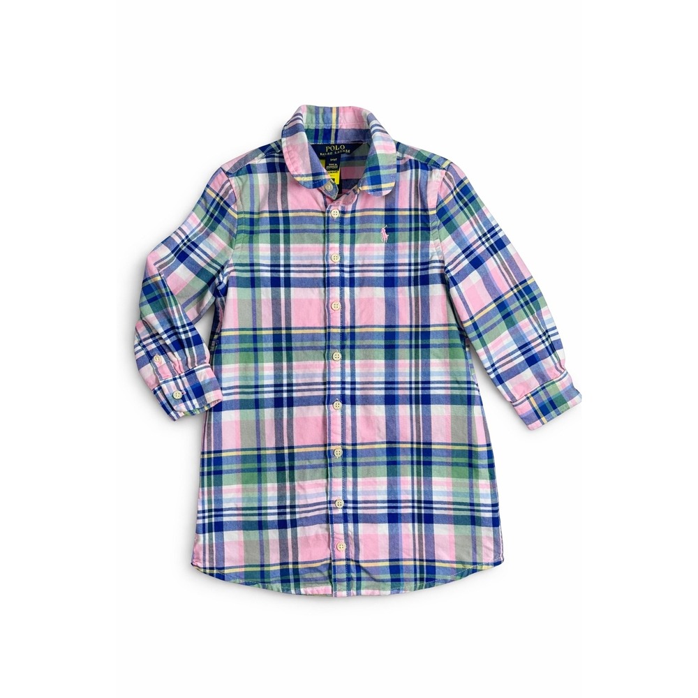 Polo Ralph Lauren‎ Plaid Cotton Oxford Shirtdress Girls 3T Pink Blue Long Sleeve